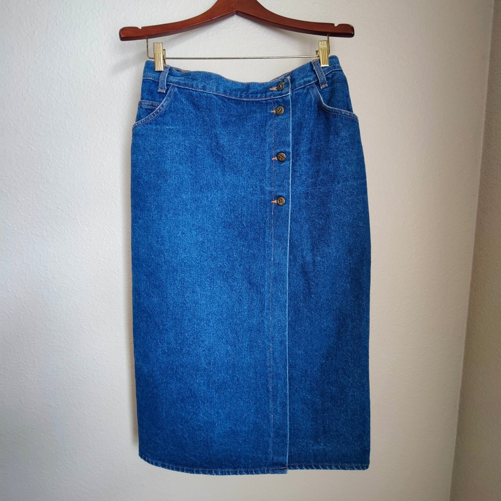 Vintage‎ 90s Denim Wrap Midi Skirt Button Front Pencil USA Made 14 Minimalist